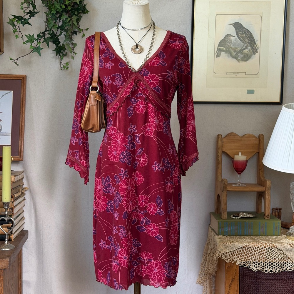 Red Floral Lace Trim Mesh Dress Whimsigoth Vintage 90s M Girlmore Girls Witchy